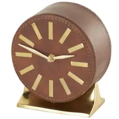 Faux Leather Round Decorative Clock with Rectangular Base Brown/Gold