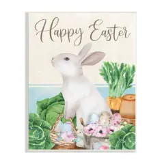 Stupell Industries Happy Easter Bunny Rabbit Greens Eggs Basket Wall Plaque Art