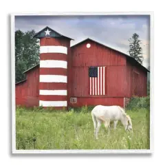 Stupell Industries Grazing White Horse Red Americana Barn Flag Framed Giclee Art