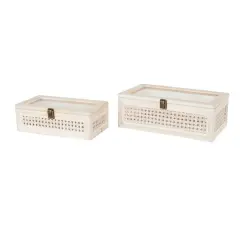 Cream Metal Handmade Woven Storage Box with Bronze Latches & Tempered Glass Tops Set