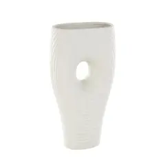 16" White Speckled Ceramic Ribbed Cutout Vase