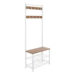 Honey Can Do White & Walnut Entryway Hall Tree with Bench & Shoe Storage