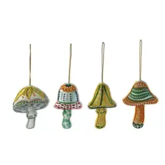 Hello Honey&reg; 4 Pack Glass Bead Embroidered Mushroom Cotton Fabric Ornaments
