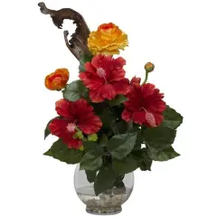 Hibiscus & Ranunculus with Fluted Bowl Silk Flower Arrangement