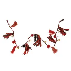 Hello Honey&reg; 6ft. Metal Bells with Pom Poms, Tassels & Fabric Remnants Garland Red/Brown/Pink