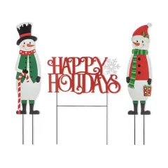 Glitzhome&reg; Metal Snowmen & Happy Holidays Yard Stake Set
