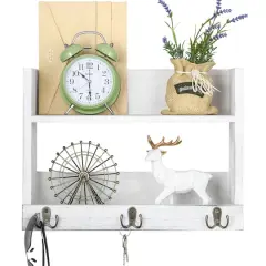 Rustic Wood Floating Storage Shelf with 3 Hooks Gray White