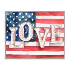 Stupell Industries Vintage Love Text Over Stitched American Flag Framed Giclee Art Gray