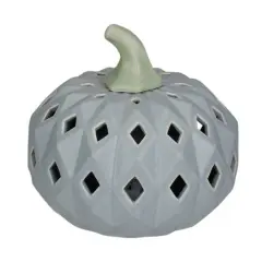 5" Gray & Green Lighted Fall Harvest Ceramic Pumpkin