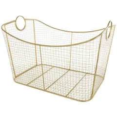 30.25" Gold Metal Geometric Wire Grid Basket with Curved Sides & Ring Handles