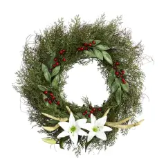 20" Cedar, Lilies & Berries with Antlers Wreath