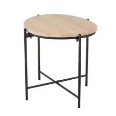 19.75" Beige Marble Accent Table with Black Metal Support