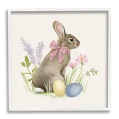 Stupell Industries Easter Bunny Rabbit Bow Spring Flowers & Eggs Framed Giclee Art White
