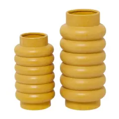 CosmoLiving by Cosmopolitan Yellow Ceramic Vase with Ring Ribbing Set of 2 16", 12"