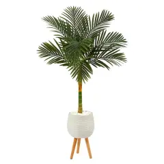 5ft. Golden Cane Artificial Palm Tree in White Planter with Stand