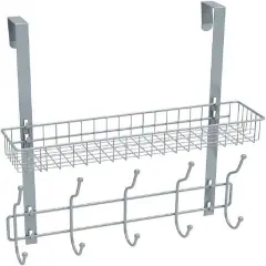17" Over the Door Hook Hanger with Mesh Basket Silver