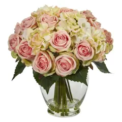 12" Pink & White Rose & Hydrangea Bouquet Arrangement in Glass Vase