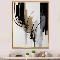 Designart 'Black, White And Gold Expression II' Modern Framed Canvas Wall Art Thin Gold