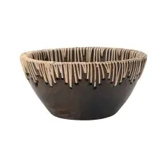 10" Decorative Terra Cotta Bowl with Rattan Stitching