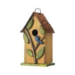 Glitzhome&reg; 9.75" Yellow Distressed Bird & Tree Birdhouse