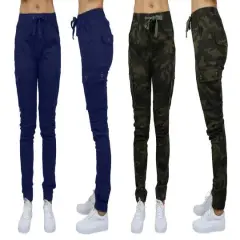 Galaxy By Harvic Loose Fit Cotton Stretch Twill Women's Cargo Joggers 2 Pack Navy/Camouflage