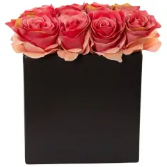 Rose Arrangement In Black Square Vase Dark Pink