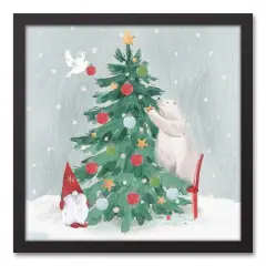 Christmas Creatures Tree Decorating Black Framed Canvas Wall Art