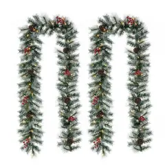 Glitzhome&reg; 2 Pack 9ft. Pre-Lit Greenery Pinecones & Red Berries Christmas Garland