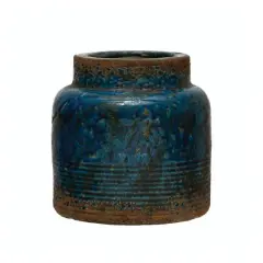 Hello Honey&reg; 7" Distressed Blue Debossed Terracotta Vase
