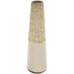Light Brown Rattan Handmade Woven Vase with Beige Metal Base