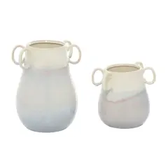 Set of 2 White Ceramic Farmhouse Vase, 12" x 10" x 9"