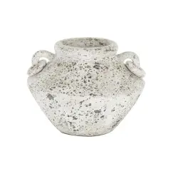 14" White Antique-Style Textured Ceramic Vase with Ring Handles