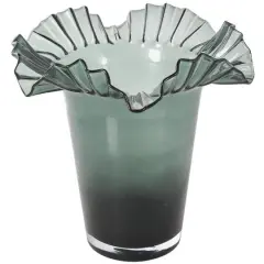 Green Glass Floral Tulip Inspired Ombre Vase with Wavy Opening