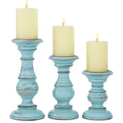 Mango Wood Traditional Candle Holder Set Light Blue