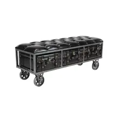 Industrial Rectangular Black Faux Leather and Wood Storage Bench, 19" x 47" x 16"