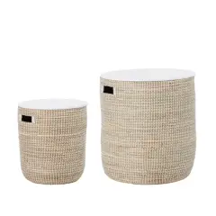 Hello Honey&reg; Beige Seagrass Tables with Storage & Wood Tops Set