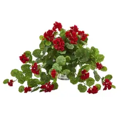 15" Red Geranium Artificial Plant in Vintage Hanging Planter