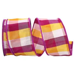JAM Paper 2.5" x 10yd. Pink & Yellow Afternoon Plaid Dupioni Wired Ribbon