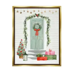 Stupell Industries Christmas Presents Wreath Doorstep Framed Floater Canvas Wall Art Gold