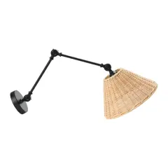 Hello Honey&reg; 29" Black Metal Finish Coastal Adjustable Wall Sconce with Neutral Beige Rattan Shade