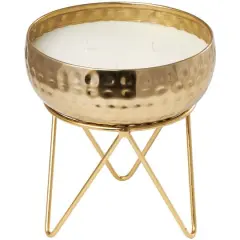 8" White Roses in Paradise Scented 3-Wick Candle with Hammered Gold Container and Tripod Stand