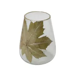 Hello Honey&reg; 10" Embedded Papaya Leaves & Foil Edge Handblown Glass Hurricane