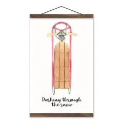 Dashing Snow Sled 12x18 Teak Hanging Canvas