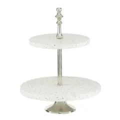 White Stoneware & Aluminum 2 Tier Tray Stand
