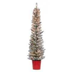5ft. Pre-Lit Flocked Berry Artificial Christmas Tree with Red Pot, Clear Lights