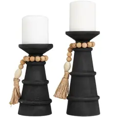 Black Wood Handmade Textured Matte Candle Holder with Beaded Garland Accent Set