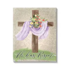 Stupell Industries He Has Risen Spring Floral Cross Brown Damask Pattern Canvas Wall Art