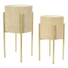Hello Honey&reg; Cream & Gold Boho Embossed Metal Planters with Stands Set