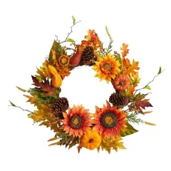 24" Sunflower, Pumpkin, Gourds, Pinecone & Berries Autumn Artificial Wreath