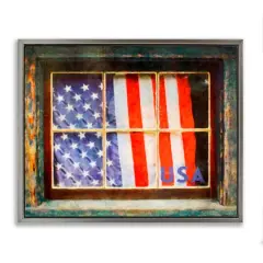 Stupell Industries Patriotic American Flag Rustic Window Festive Home Floater Framed Art Gray